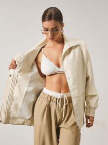 SHEIN Unity Women Winter Coat, Racing Car Print Bomber Jacket, Similar To Influencer Style - Beige - View 6