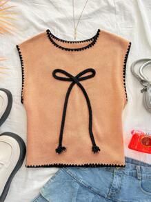 Soleia Blusa de punto acanalado informal con patrón de lazo, otoño/invierno - Caqui - Ver 5