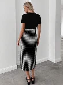SHEIN Essnce Vestido casual de verano para mujer, vestido entallado de color negro con bloqueo de color y rayas, con aberturas laterales, vestido midi, vestido básico de camiseta, vestido de verano, conjunto de mujer, vestido a rayas