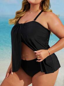 Swim Lushoire Plus Size Women Slip-Resistant Spaghetti Strap Camisole Tankini Summer - Black - View 5