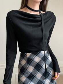 DAZY 女士斜肩系带长袖纯色简约T恤，休闲日常装，秋装，返校装