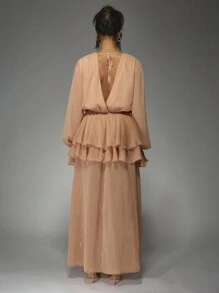 MISSGUIDED Elegant Cowl Neck Maxi Dress Sheer Long Sleeve Empire Waist Ruffle Evening Gown Party Wedding Guest Holiday Spring Summer - Brown - View 2