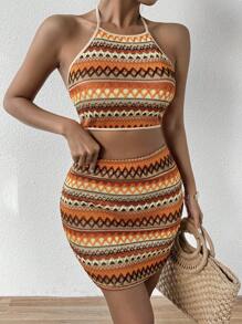 Breezaya Của phụ nữ Hình học In Halter Neck Áo ba lỗ Và Bộ váy - Nhiều màu - Xem 4