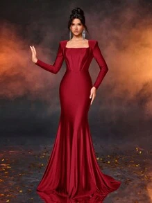 Glamrae Váy dạ hội cổ vuông tối giản thanh lịch, vai đệm dài tay, eo bó, viền đuôi cá, váy dự tiệc cưới, váy dự tiệc, váy trang trọng - Đỏ - Xem 7