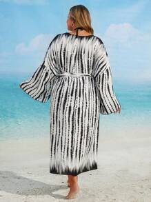 Plus Size Women Tie Dye Print Drop Shoulder Wide Sleeve Belted Kimono Cardigan, Vacation Style Summer - Black and White - View 4