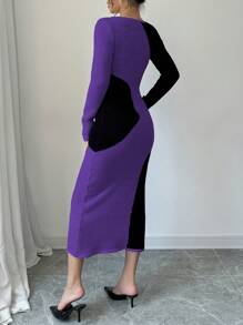 Elenzga Women Color Block Crew Neck Bodycon Long Sleeve Sweater Dress - Purple - View 2