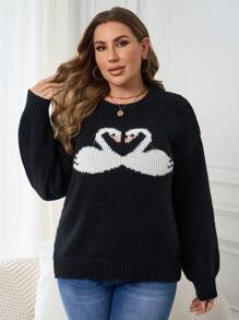 SHEIN EZwear 大码女式休闲日常天鹅图案落肩宽松立领毛衣，适合冬季秋季穿着。 - 黑色 - 查看 4