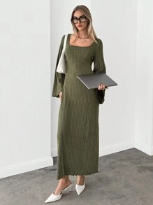 SHEIN Essnce Square Neck Trumpet Sleeve Lettuce Trim Bodycon Dress