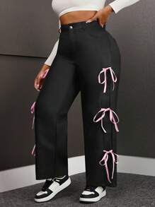 Plus Size Women Straight Leg Pants With Elastic Coating & Pink Bowknot Decoration Fall Cloth For Women - Black - View 5