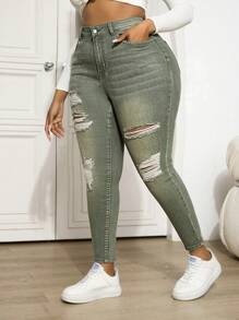SHEIN ICON Plus Size Stretchy Distressed Blue Denim Jeggings, Fall Women Clothes - Green - View 5