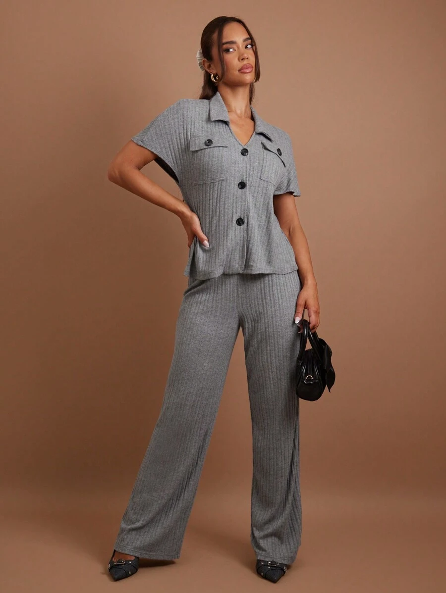 COSMINA Women 2pcs/Set Casual Solid Color Short Sleeve Top And Pants Set, Autumn - Grey - View 1