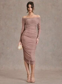 SHEIN BAE 1 pieza Vestido asimétrico para mujer con tirantes cruzados y fruncidos, fuera del hombro, de unicolor, adecuado para cócteles, citas románticas, capa inferior de otoño/invierno, fiestas, clubes, eventos formales, dama de honor, vestido de noche, vestido de Halloween, vestido de Navidad