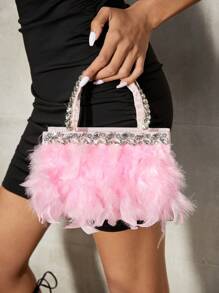 SHEIN ICON 女士手提包，时尚、简约、个性、百搭、甜美酷炫女孩、辣妹、千禧一代、街头风、人造羽毛、钻石，适合鸡尾酒会、派对、舞会、俱乐部、约会、生日、晚会、约会之夜 - 粉色 - 查看 2