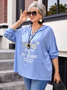 EMERY ROSE 大码冬季女式蓝色字母印花休闲连帽长袖运动衫 - 藍色 - 查看 6