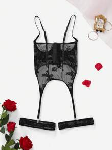 SpicyHot Women Sexy Bustier, Contrast Lace, Chest Hollow Design Bridal Lingerie For Going Out - Black - View 2