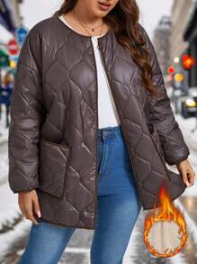 EMERY ROSE Plus Size Women Casual Solid Color Drop Shoulder Loose Patchwork Pocket Open Front Padded Coat,Winter Women Clothes,Elegant Women's Clothing