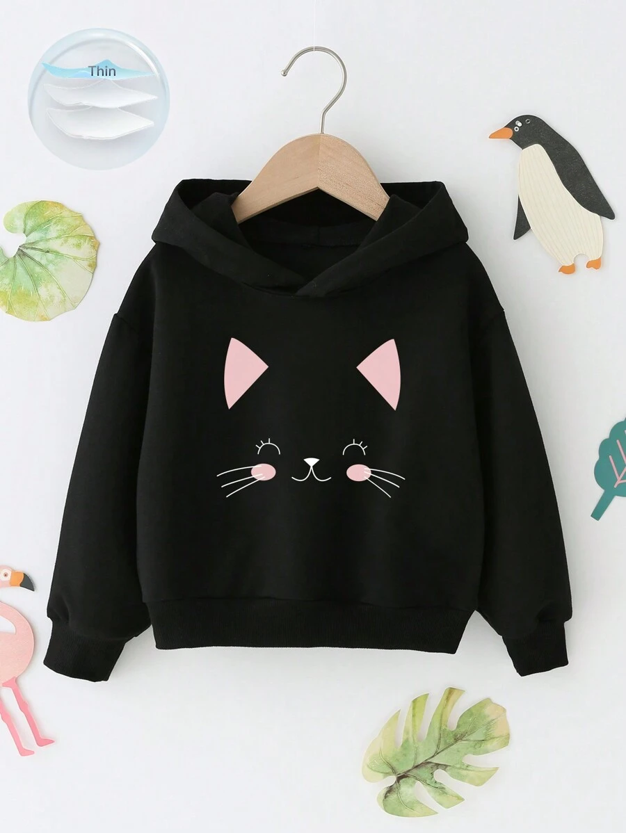 SHEIN Áo nỉ tay trễ vai in hình hoạt hình bé gái - màu đen - Xem 1