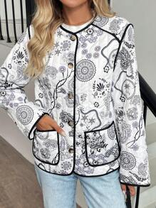 SHEIN LUNE 1pc Women Casual Sweatshirt With Pocket & Contrast Trim, Long Sleeve - Black and White - View 3
