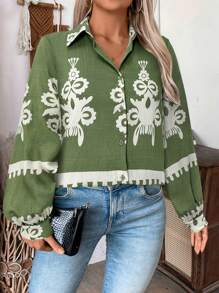 SHEIN LUNE Chemise à manches longues imprimée vintage grande taille, décontractée pour l'automne - Militaire verte - Voir 7