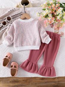 Bộ đồ bé gái xuân/thu mới cổ tròn dệt kim dài tay + quần ống loe - Hồng - Xem 2