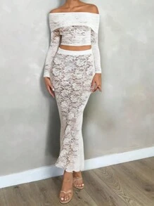 Glamine 1 套女士秋季蕾丝露肩上衣和裙子，性感派对和日常休闲装 - 白色 - 查看 1