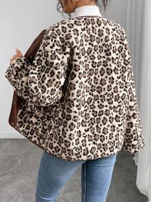 SHEIN Unity Chaqueta casual de mujer de un solo botonadura con estampado de leopardo y parches, para otoño/invierno - Marrón - Ver 2