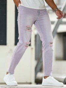 Manfinity Homme 男式纯色破洞修身休闲牛仔裤，带口袋 - 淡紫色 - 查看 4