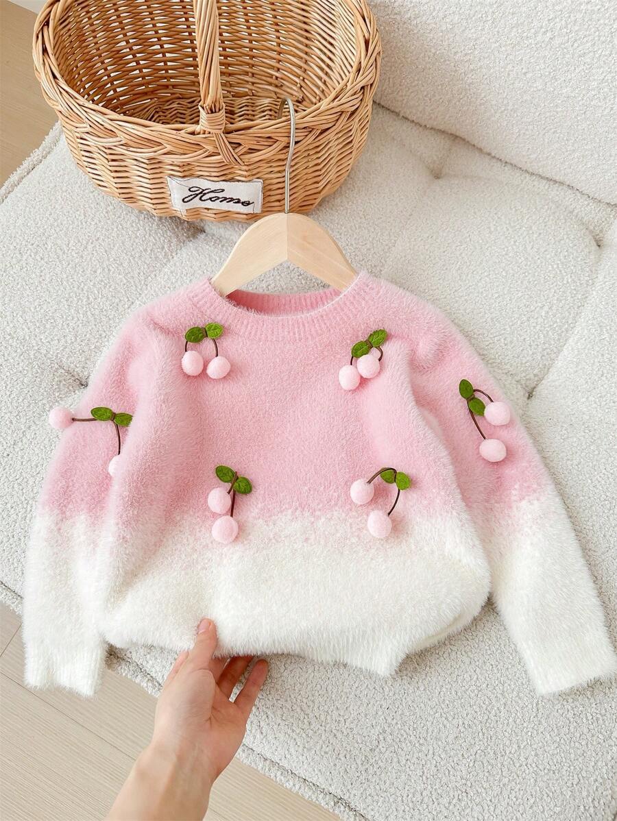 LMoss Kids LMoss Tween Girl 3D Cherry Gradient Crew Neck Long Sleeve Casual Sweater - Pink - View 1