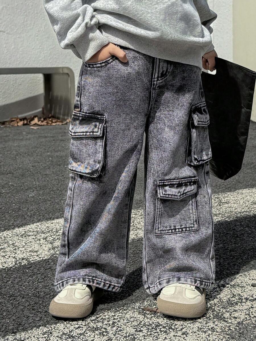 SHEIN Explorewe Young Boy 新款浅灰色多口袋直筒休闲牛仔裤 - 淺灰色 - 查看 1