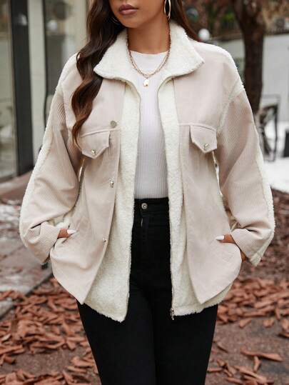 SHEIN Frenchy Plus Size Dam Höst/Vinter Casual Color Block Fluffy Patchwork Design Jacka