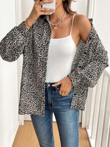 SHEIN Frenchy Women Leopard Print Button Front Casual Long Sleeve Shirt Winter Cheetah - Multicolor - View 3