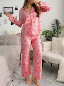 SweetSlumber Bow Stripe Print Front Button Long Sleeve Top And Pants Women Pajama Sets Cozy And Elegant Details, Fall Clothes - Red - View 5