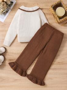 2pcs Young Girl Peter Pan Collar Cute Sweater Set, Acrylic Flare Pants Knitted Pullovers, Fit For Outdoor Casual Wear In Autumn/Winter