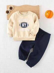 Cozy Pixies 2pcs/Set Baby Boy Letter Print Round Neck Long Sleeve Hoodie And Elastic Waist Pants Outfit