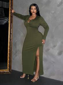 Slaydiva Elegant & Casual Basic Tight-Fitted Solid Color V-Neck Tie Knot Hem High-Slit Long Sleeve Dress, Plus Size Women, Spring/Autumn - Army Green - View 7