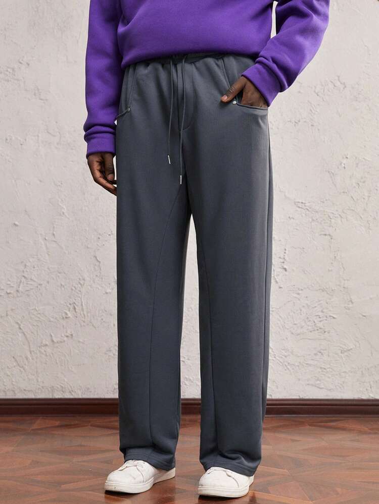 Men's Grey Knitted Splice Deconstructed Elastic Waist Straight Loose Casual Pants, Fit For Daily Wear, With Metallic Accessory Decor