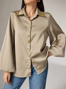 Modelyn Women's Elegant Long Sleeve Color Block Ribbon Trim Single-Breasted Shirt, Autumn