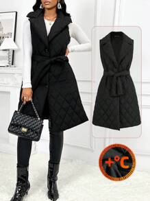 SHEIN Lady 纯色翻领系带绗缝背心外套和夹棉夹克