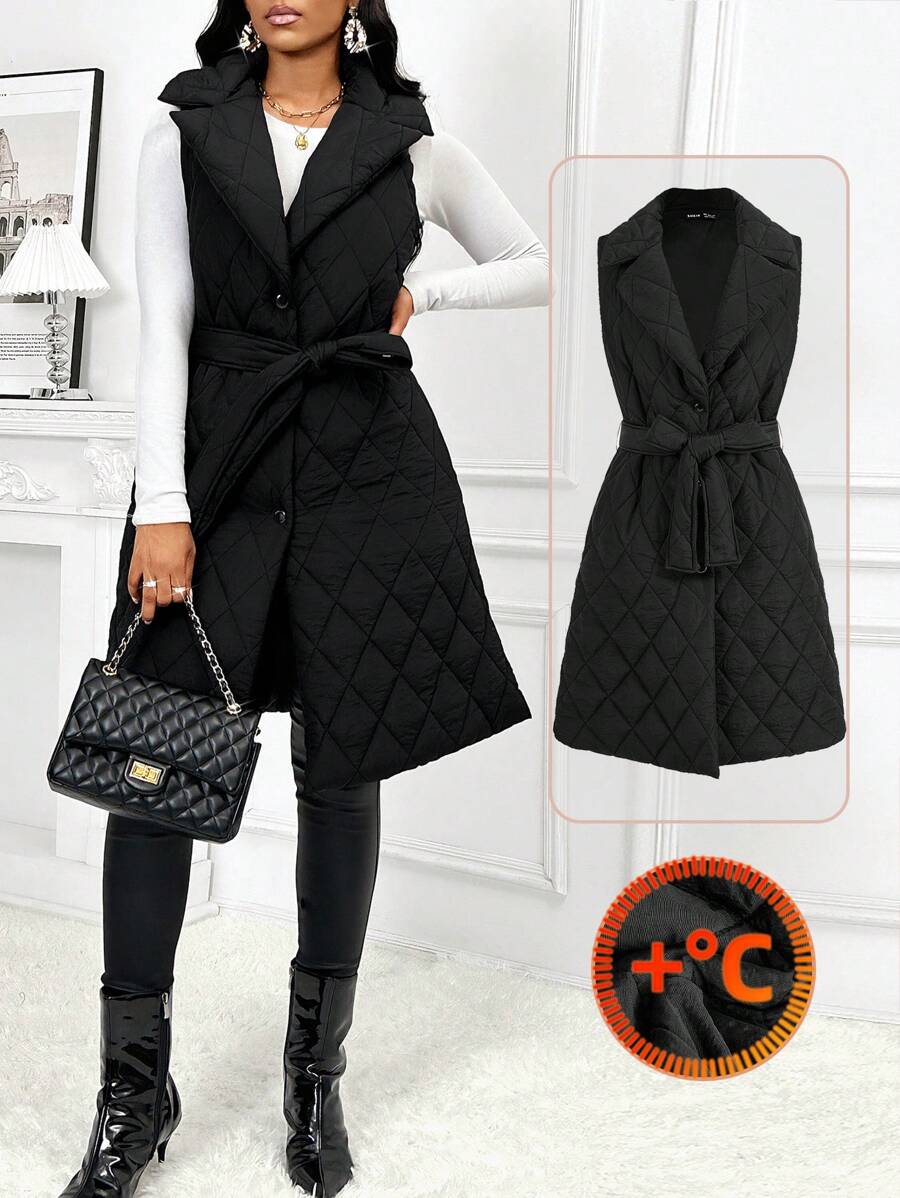 SHEIN Lady 纯色翻领系带绗缝背心外套和夹棉夹克