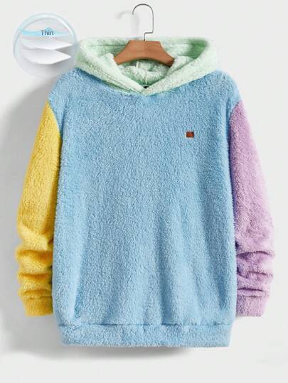 Manfinity BRENVOR 男士针织休闲抓绒拼接套头连帽衫，适合秋冬季节，长袖上衣