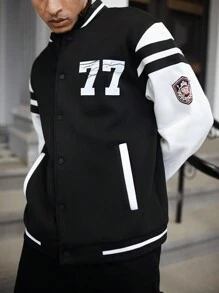 Manfinity Campus Court 男士休闲拼色字母印花羊毛棒球夹克，秋冬 - 黑與白 - 查看 7
