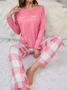 Women Eyelash Print Round Neck Long Sleeve Top And Plaid Pants Pajama Set - Multicolor - View 3