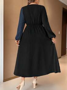 Celure 加大码圆领长袖纯色拼布休闲长裙女装