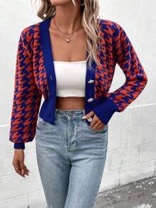 SHEIN LUNE Cardigan Wanita Kasual Sehari-hari Motif Houndstooth Warna Kontras dengan Kancing Depan, Musim Gugur/Dingin - Jeruk - View 5