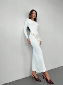Aloruh 女士纯色圆领环饰修身长袖毛衣连衣裙 - 白色 - 查看 2