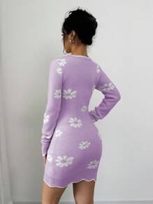 Chiquease Đầm len chui đầu ngắn tay dài họa tiết hoa thanh lịch cho nữ - Màu tím hoa cà - Xem 2
