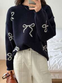 DAZY 女士休闲圆领宽松蝴蝶结针织毛衣，秋冬，秋季女装 - 藏蓝色 - 查看 6