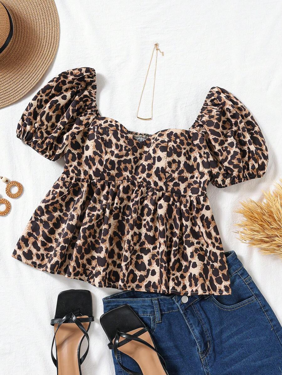 SHEIN VCAY Slim Fit Women Vacation Chiffon Leopard Print Short Sleeve Shirt - Brown - View 1