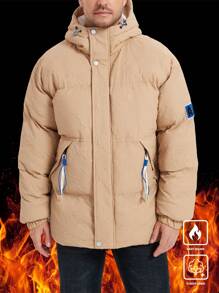 Manfinity Homme Men's Patch Thermal Lined Hooded Winter Padded Padded Coat, Going Out Quilted Coat, For Friends, Husband, Boyfriend Gifts - Khaki - View 4