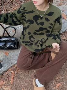 DAZY 女士宽松圆领豹纹套头毛衣 - 彩色 - 查看 7